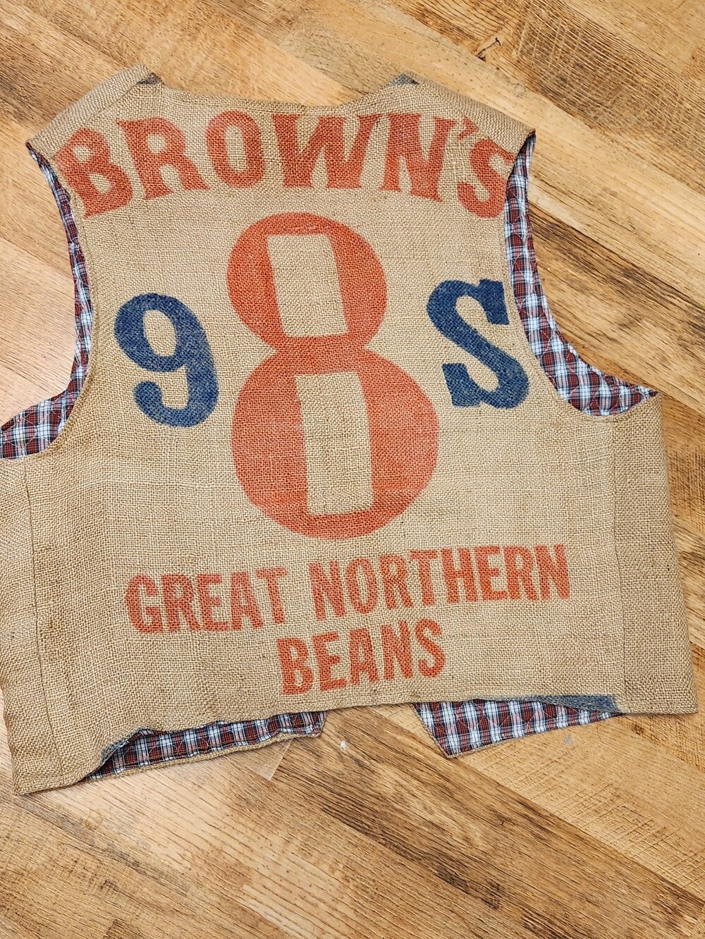 Burlap Vest With Great Northern Beans Print and Reversible Quilted Plaid, Xl
